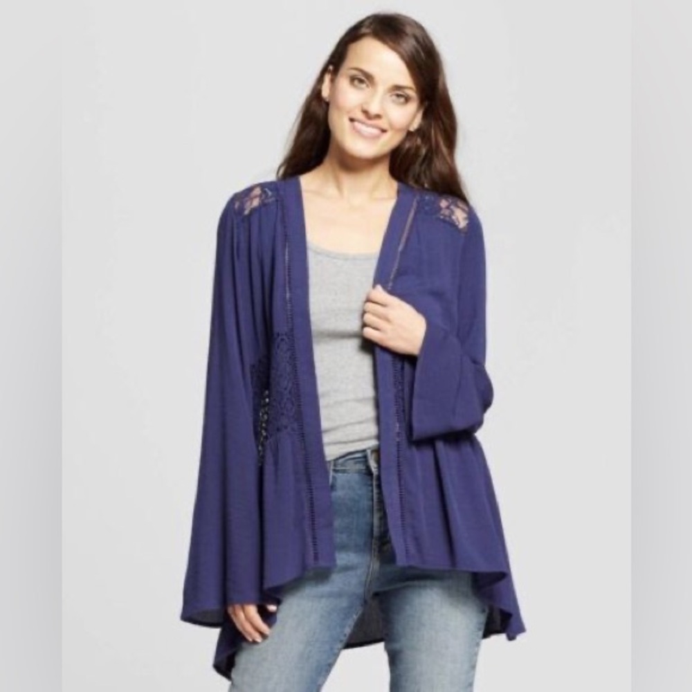 Knox Rose Women's Size Medium Open Front Cardigan Navy Blue Crochet Lace Bell